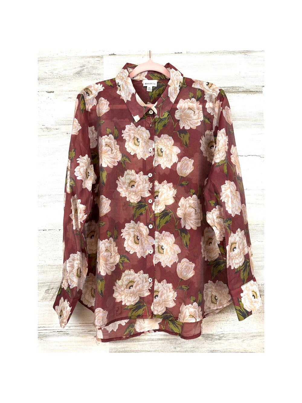 Bailey 44 womens XL brown white Floral Button-Down Long Sleeve Sheer Blouse NEW